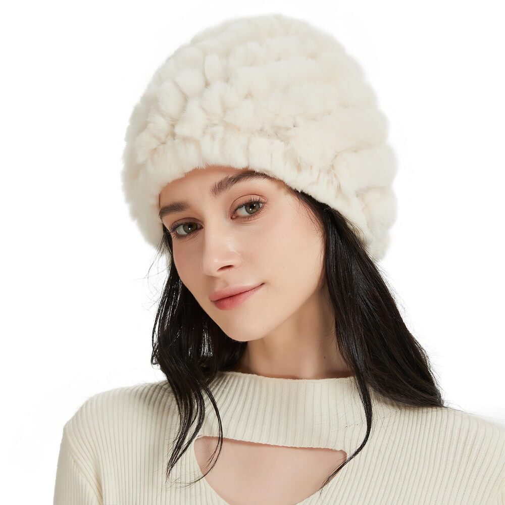5912 Rabbit Fur Hat Furry Knit Beanie Hat Warm Winter Hat Ski Skull Cap